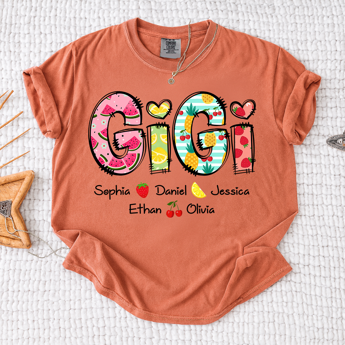 Comfort Colors Custom Gigi Shirt with Kids Names, Personalized Grandma Summer T Shirt, Fruit Pattern Graphic Tee for Nana Mimi Grammy