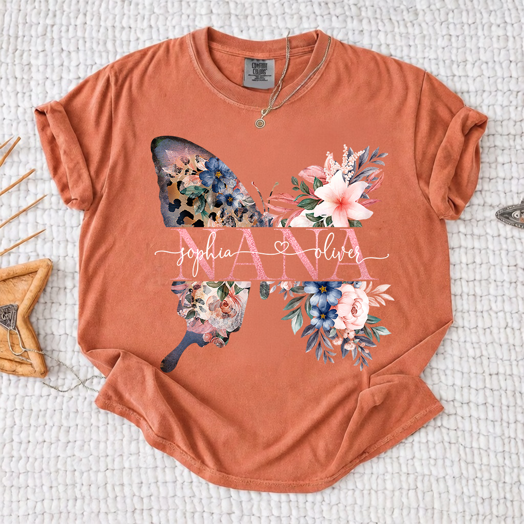 Comfort Colors Personalized Nana Shirt with Floral Butterfly Design Custom Name Grandma Mimi Gigi Family Tee Unique Grandkids Names Gift for Her