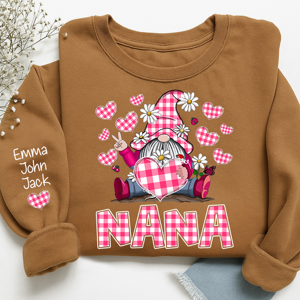 Pink Checkered Valentine's Day sweatshirt For Nana, Cute Gnome Dwarf Heart Design, Family love, Gift for Grandma