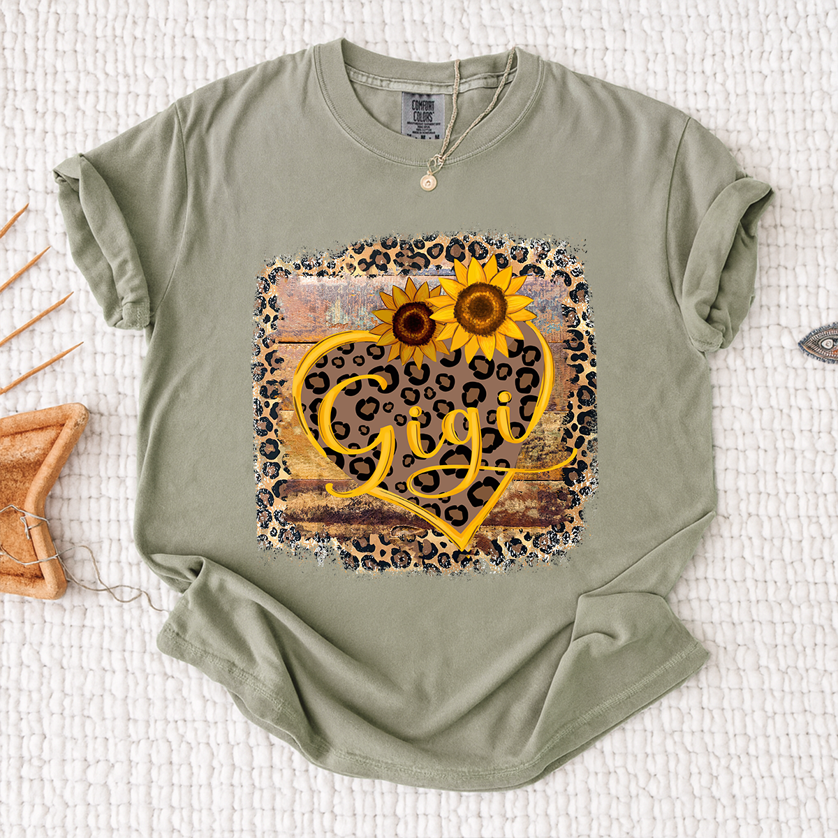 Comfort Colors Leopard Print Gigi Shirt, Personalized Sunflower Heart T-Shirt, Cute Grandmother Gift, Gigi Floral Leopard Tee, Gift for Mother's Day