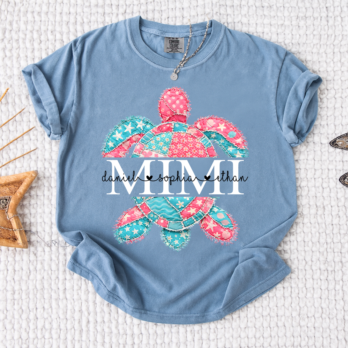 Comfort Colors Personalized Mimi Sea Turtle Shirt with Grandkids Names, Custom Grandma Beach T Shirt for Women, Coastal Family Gift