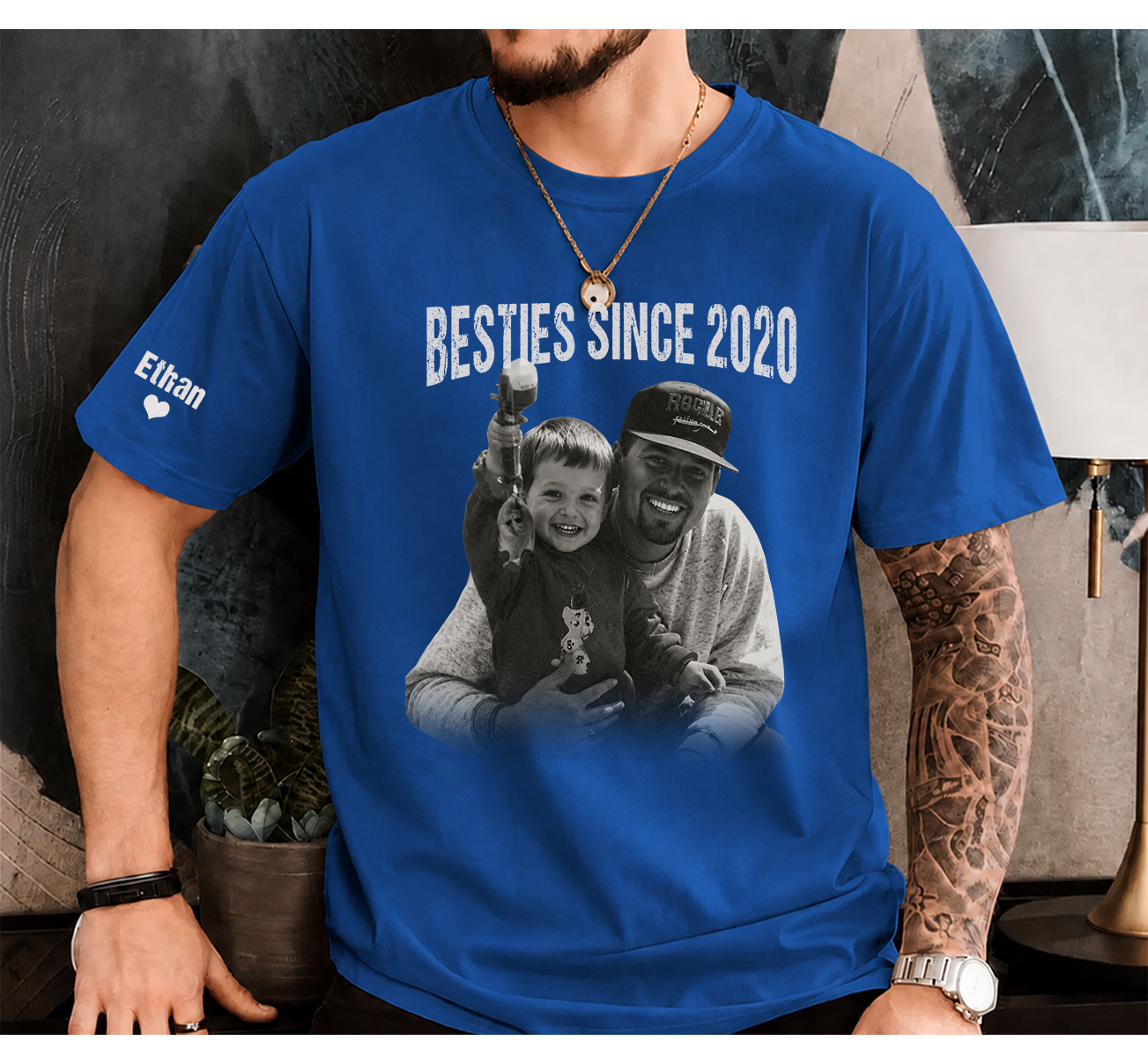 Personalized Besties Since Shirt with Custom Photo and Name on Sleeve Gift for Father’s Day