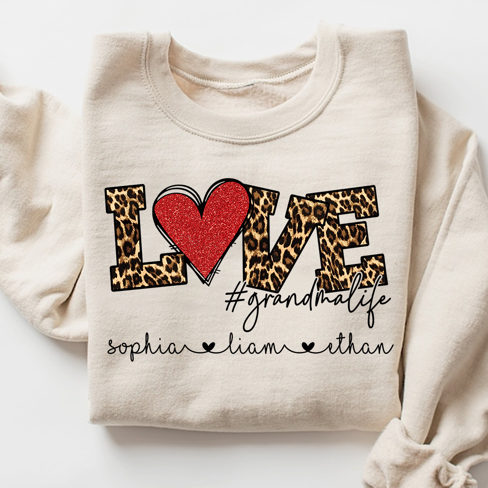 Personalized Grandma Sweatshirt with Grandkids Names, LOVE Leopard Heart Design, Grandma Life Custom Family Crewneck