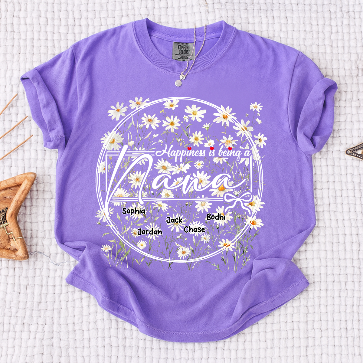 Comfort Colors® Personalized Nana Shirt with Kids' Names, Custom Floral Design, Happiness is Being a Nana