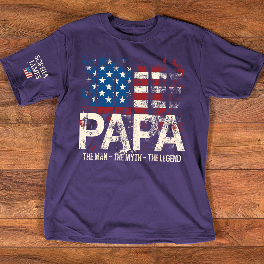 Custom Papa T-Shirt with USA Flag Graphic – Personalized Gift for Father Featuring Kids’ Names