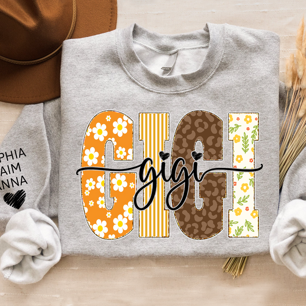 Gigi Fall Grandma Sweatshirt – Custom Name Sleeve and Retro Plaid Floral Letter Design