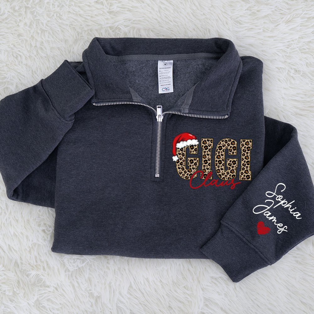 Gigi Claus Leopard Christmas Quarter Zip – Custom Name Sweatshirt Gift For Grandma