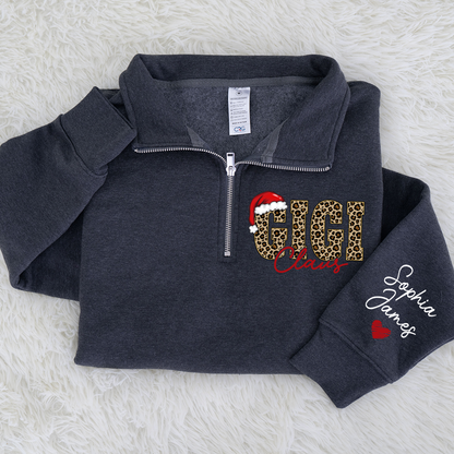 Gigi Claus Leopard Christmas Quarter Zip – Custom Name Sweatshirt Gift For Grandma