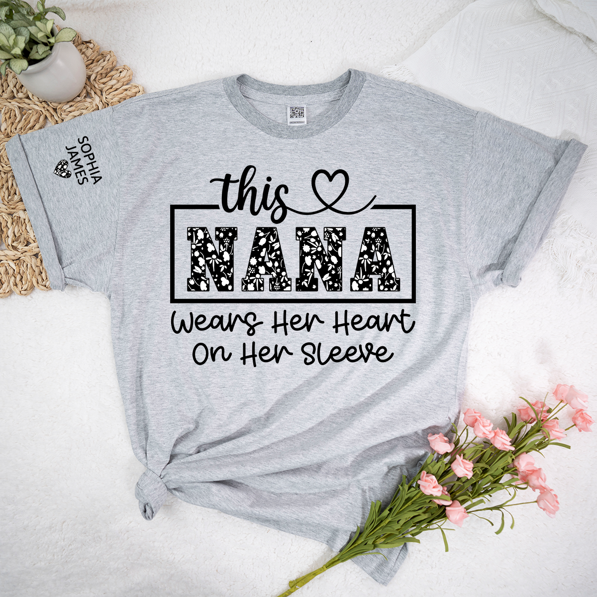 This Nana Wears Her Heart on Her Sleeve Floral T-Shirt, Custom Nana Gift for Grandmother