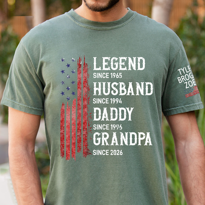 Personalized American Flag Printed T-Shirt For Husband, Father, Grandfather, With Custom Names Of Grandchildren