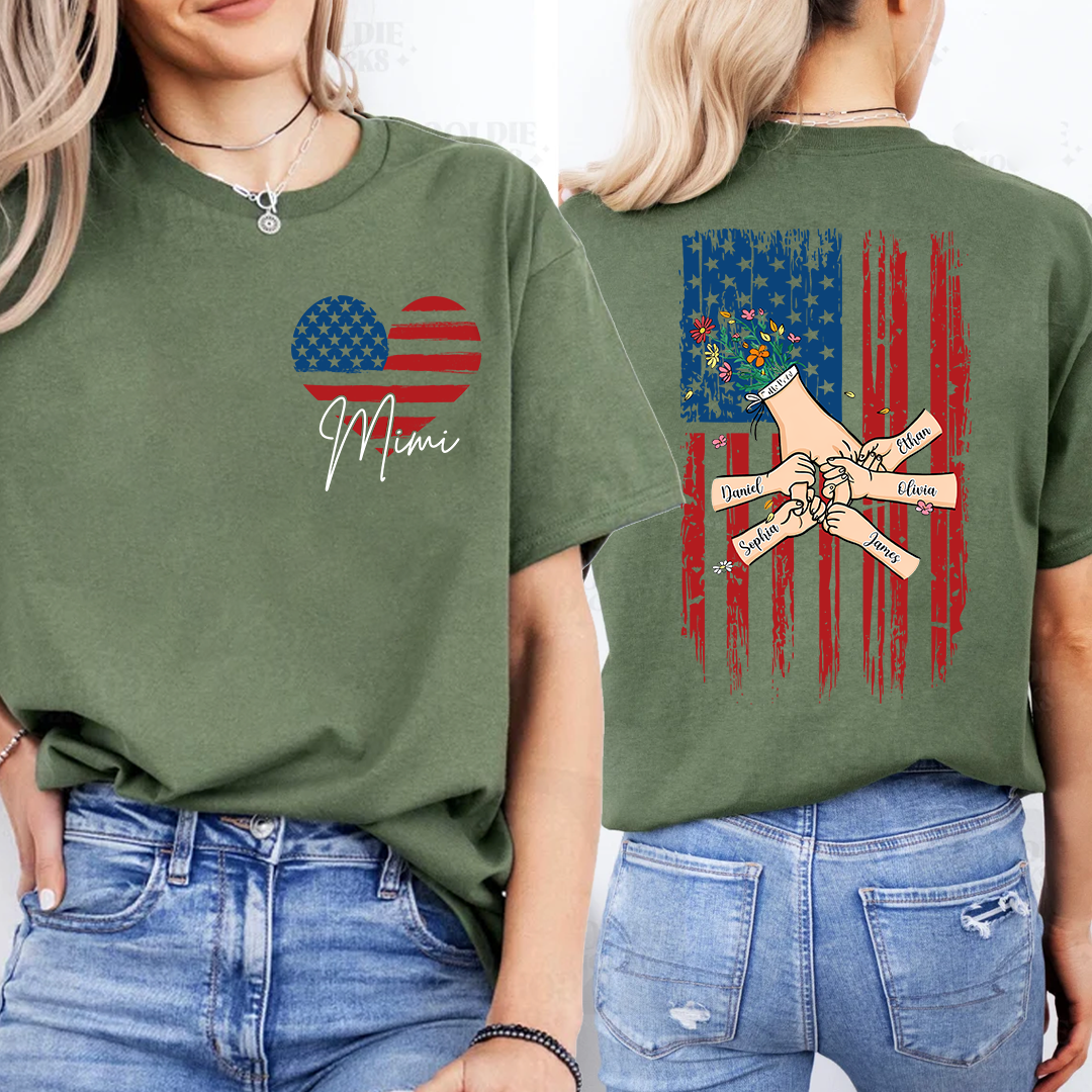Custom Mimi T Shirt with USA Flag Heart, Personalized Grandma Shirt with Family Names on Back
