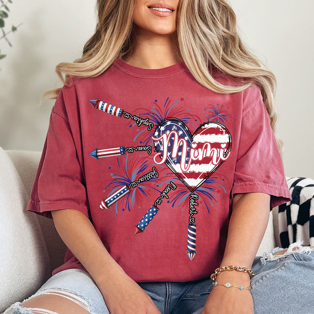 Patriotic Mimi Shirt with Firework Heart and American Flag Design for 4th of July