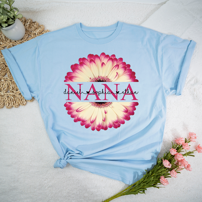 Personalized Nana T-Shirt with Pink Flower Graphic – Custom Grandma Gift Featuring Grandkids Names