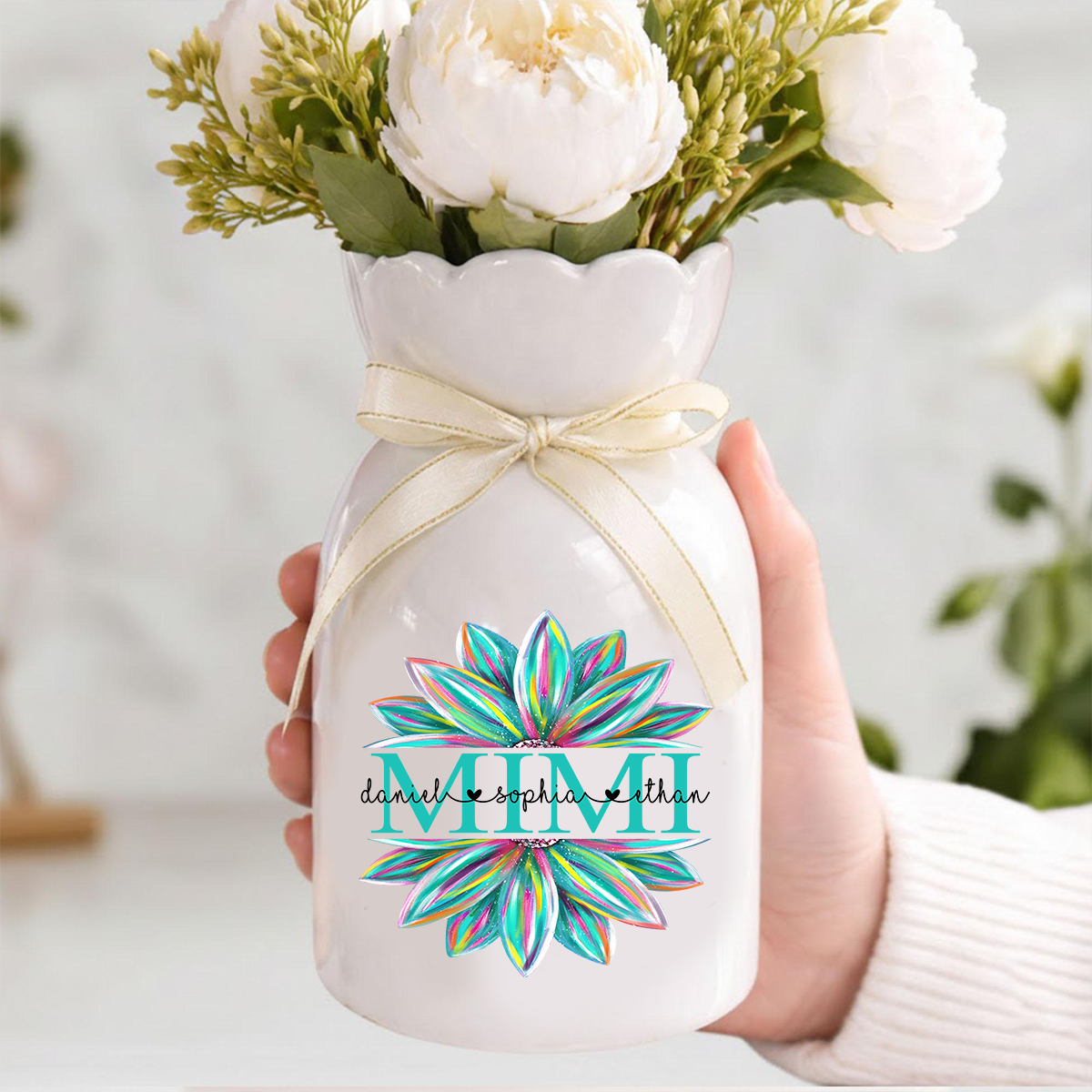 Custom Mimi Flower Vase, Personalized Floral Heart Design with Grandkids' Names, Ideal Gift for Mimi, Mother's Day, Birthday