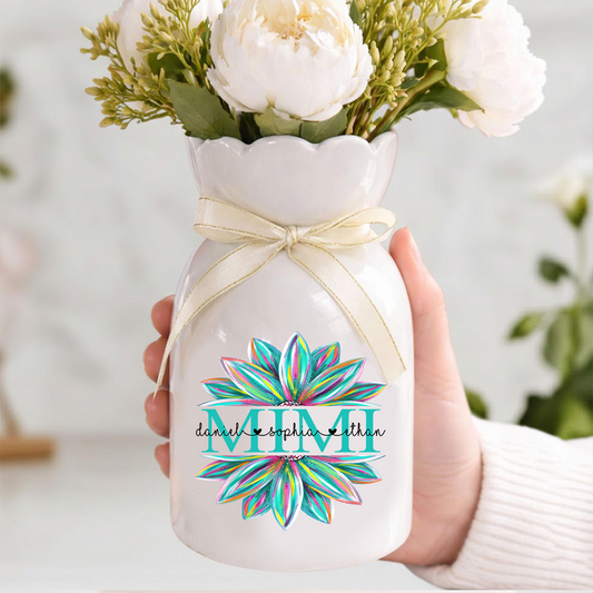 Custom Mimi Flower Vase, Personalized Floral Heart Design with Grandkids' Names, Ideal Gift for Mimi, Mother's Day, Birthday