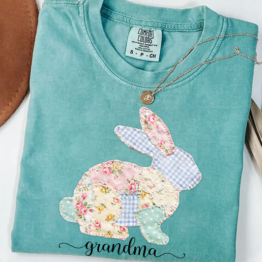 Comfort Colors Personalized Grandma Bunny Shirt with Floral Patchwork Design, Cute Easter Gift for Grandmother, Custom Bunny Graphic Tee for Spring
