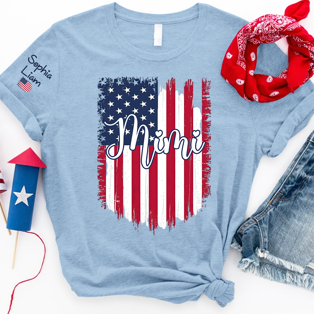 Personalized Mimi Shirt, American Flag Design, Custom Name, Patriotic 4th of July Shirt, Independence Day Family Tee