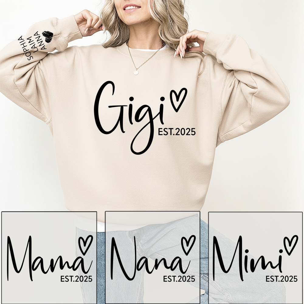 Personalized Gigi Est Heart Sweater, Gift for Grandma and Kids, Unique Gift for Grandma and Family