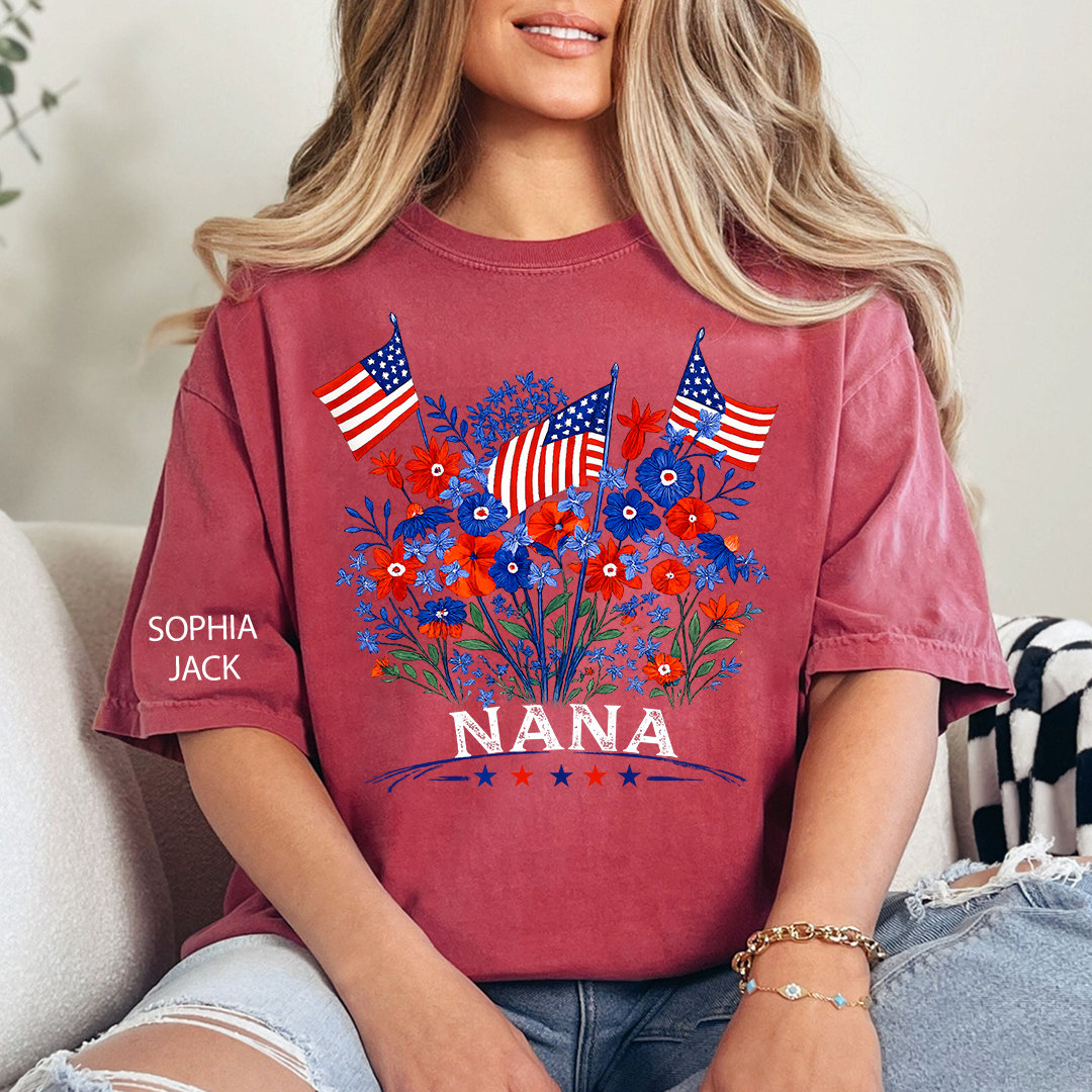 Personalized Nana Shirt Patriotic Floral American Flag Design Custom Grandma Mimi Gigi Name Tee with Grandkids Names Family 4th of July Outfit