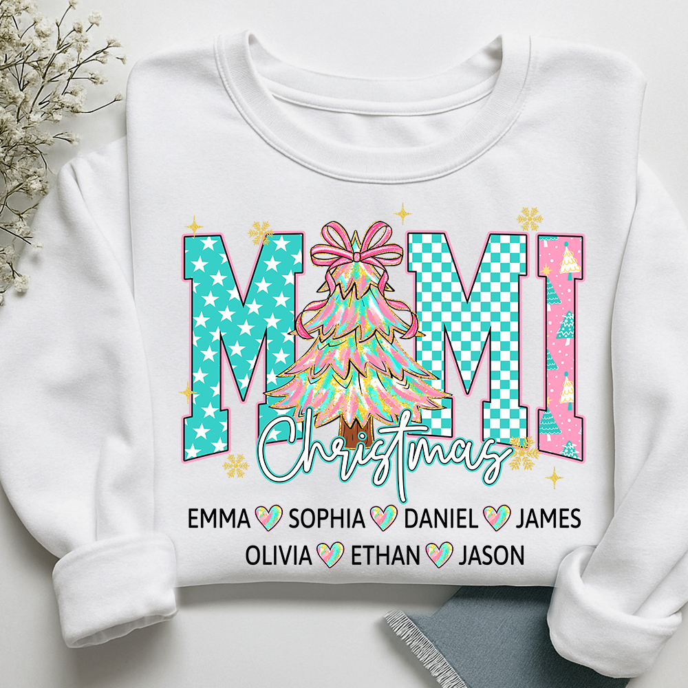 Christmas Tree Mimi Sweatshirt, Custom Family Name for Grandma And Kids