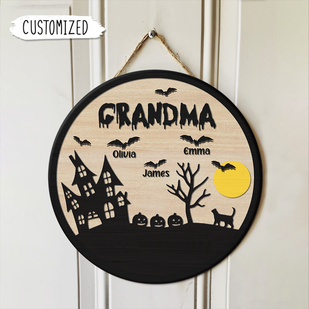 Personalized Grandma Halloween Door Sign, Halloween Decoration, Round Wood Sign TH