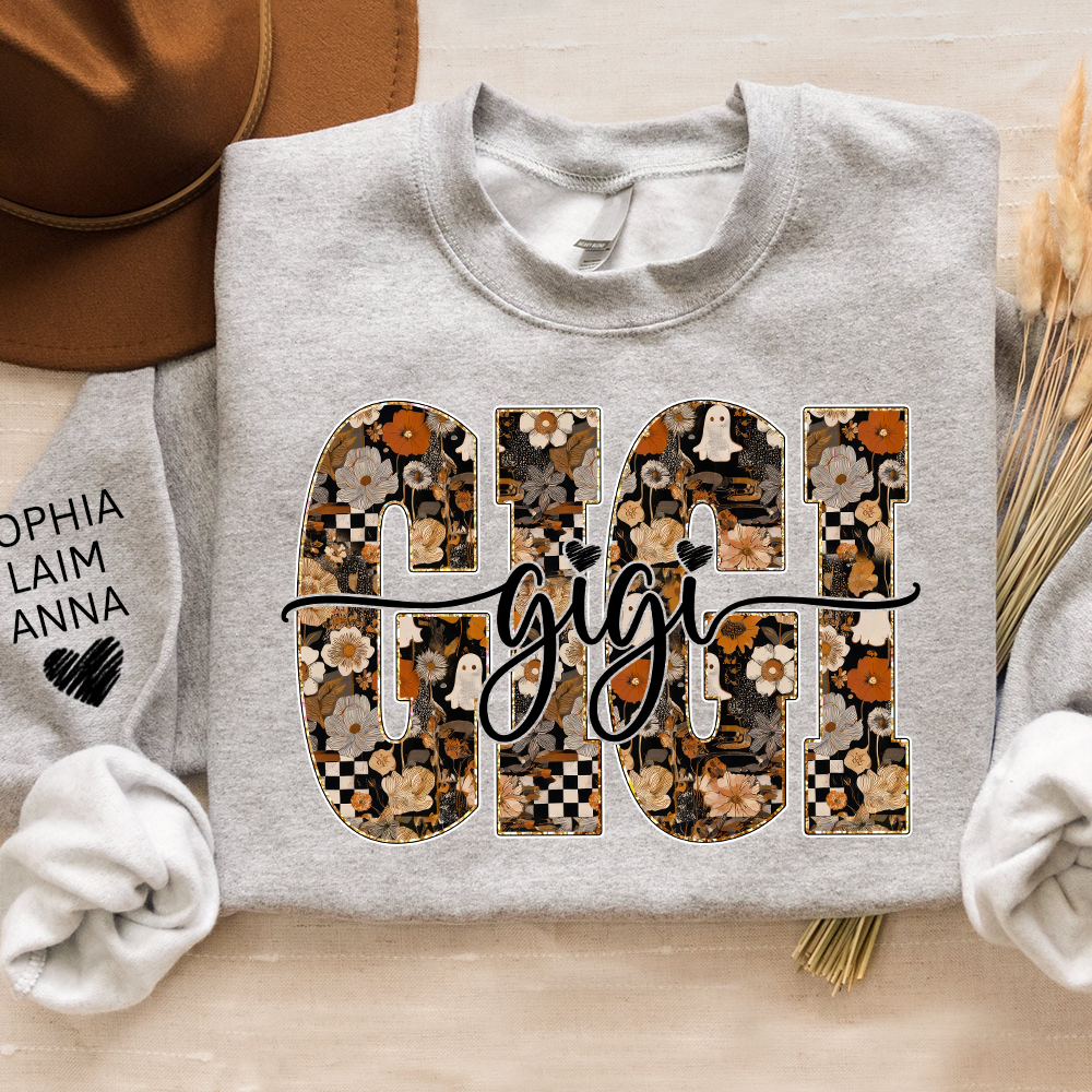 Personalized Gigi Spooky Halloween Sweatshirt with kids’ names on sleeves, Give Family