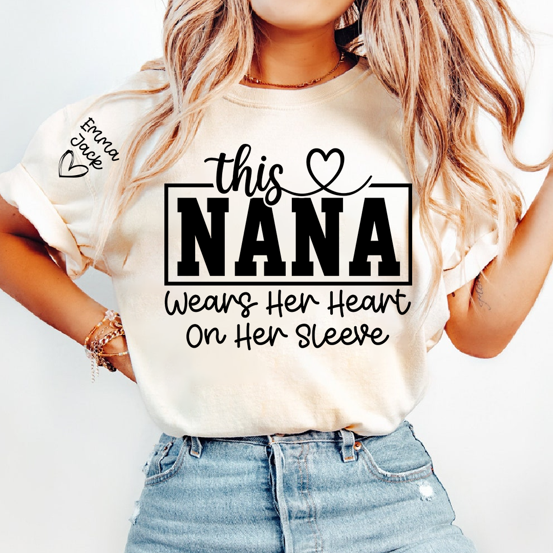 This Grandma Wears Her Heart on Her Sleeve Shirt, Personalized Grandkids Names Family T Shirt