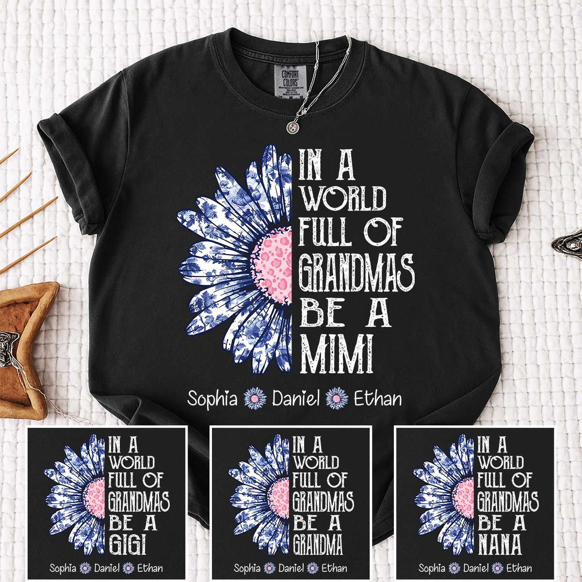 Comfort Colors Custom Mimi Shirt with Grandkids Names In a World Full of Grandmas Be a Mimi Daisy Flower Design Personalized Family Tee