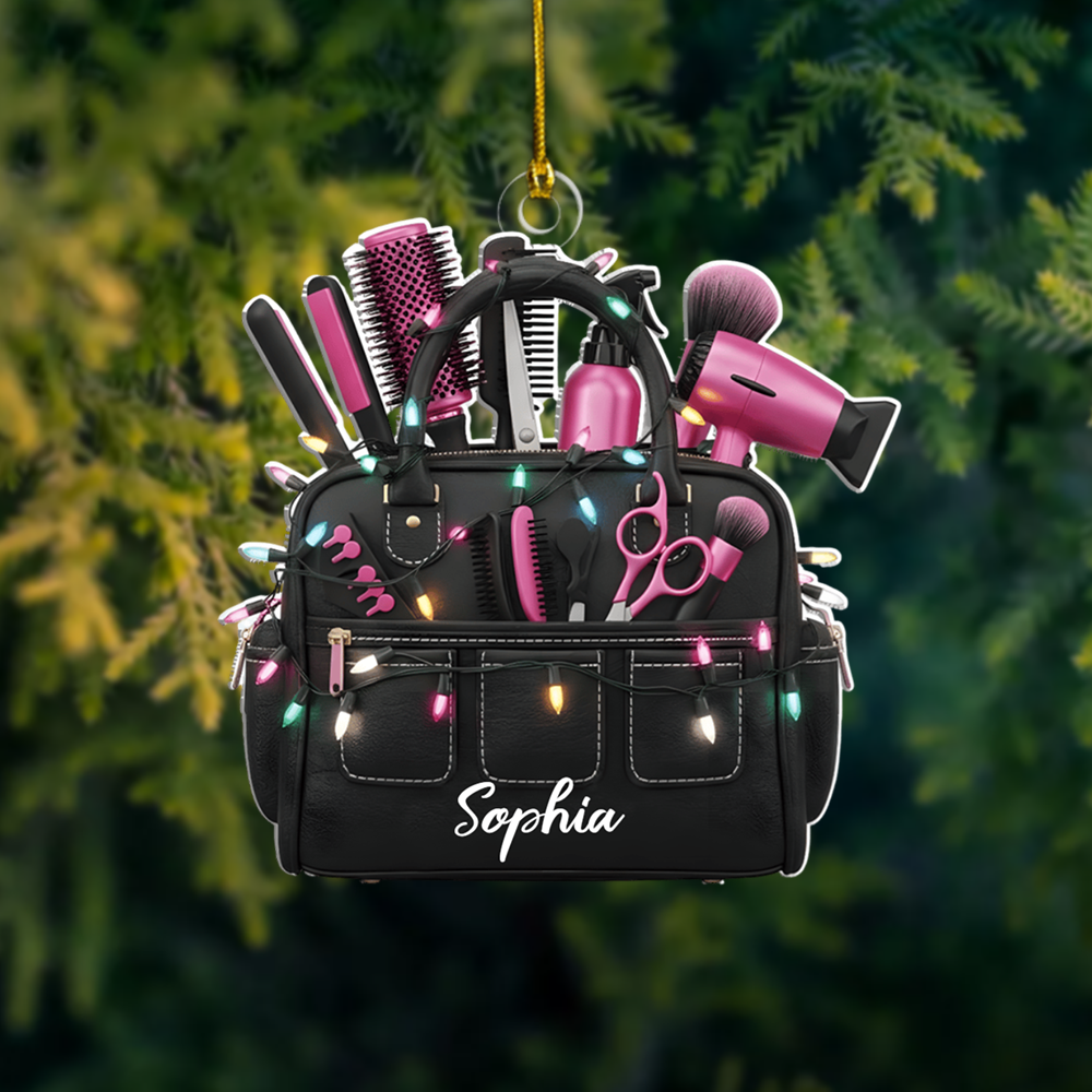 Personalized Hair Stylist Ornament – Custom Name Hair Tools Bag Christmas Decoration for Stylists Ornament