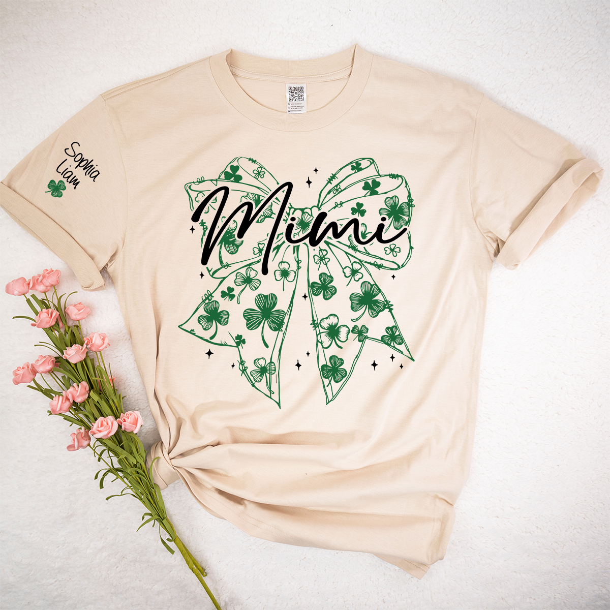 Mimi Clover Shirt Personalized with Grandkids Names, St Patrick’s Day Grandma Gift, Shamrock Bow Family T-Shirt