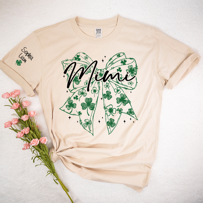 Mimi Clover Shirt Personalized with Grandkids Names, St Patrick’s Day Grandma Gift, Shamrock Bow Family T-Shirt