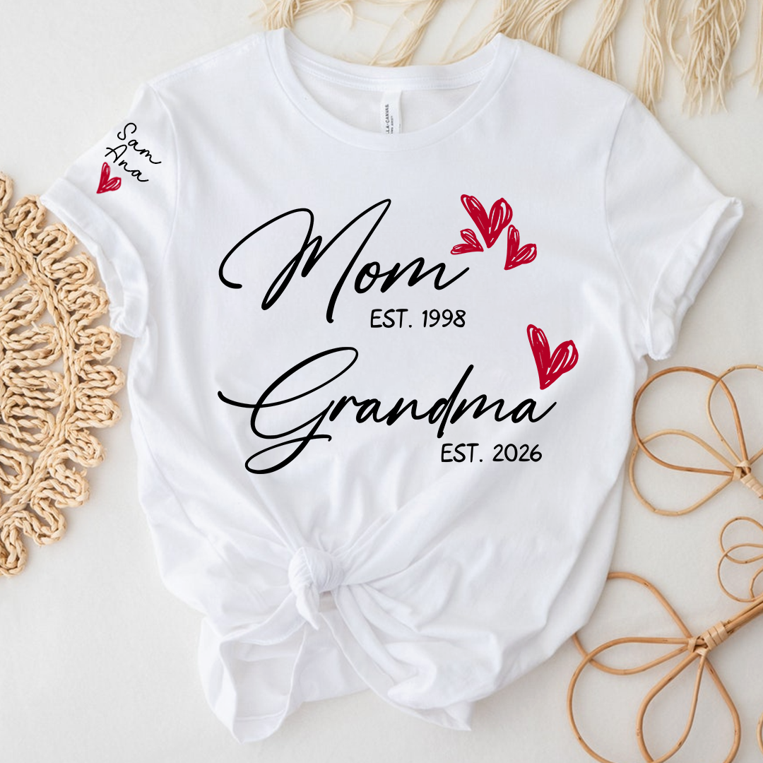 Personalized Mom and Grandma T-Shirt, Custom EST Year T-Shirt with Heart and Arrow Design for Mom and Grandma