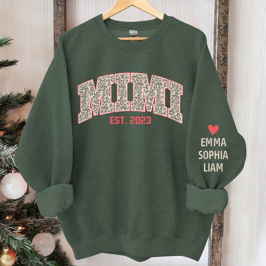 Mimi Leopard Christmas Sweatshirt, Custom Mimi Est And Kids, Grandma Gift TH Sweatshirt