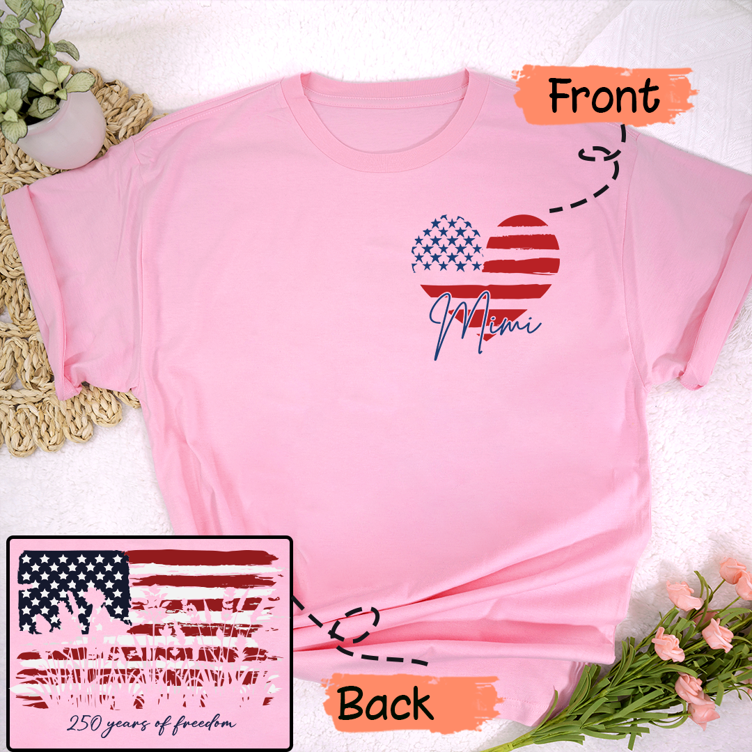 Personalized Mimi Patriotic Shirt, Custom Grandma Name USA Flag Heart T-Shirt, 4th of July Family Matching Tee for Mimi