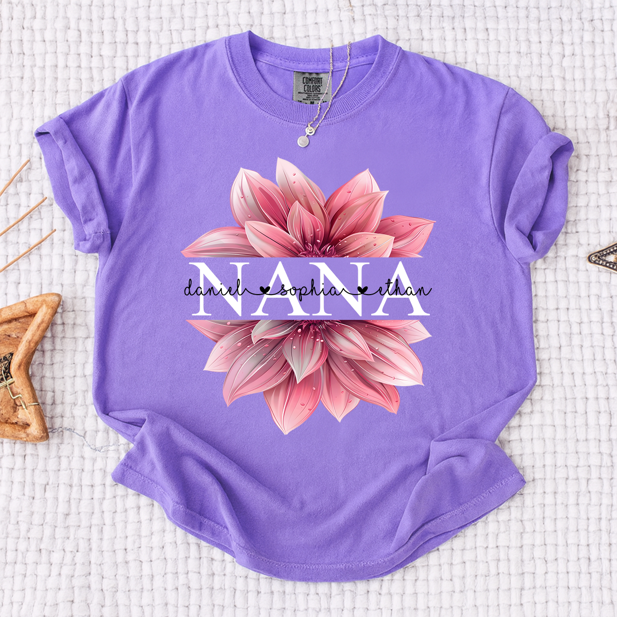 Comfort Colors Personalized Nana Shirt with Pink Lotus Flower Design, Custom Gift for Grandma with Grandkids Names
