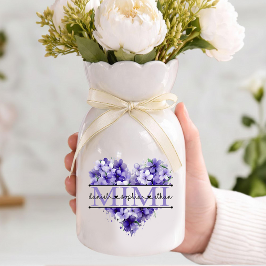 Mimi Personalized Flower Vase, Floral Heart Design with Grandkids' Names, Custom Mother's Day Gift for Mimi, Great for Birthdays