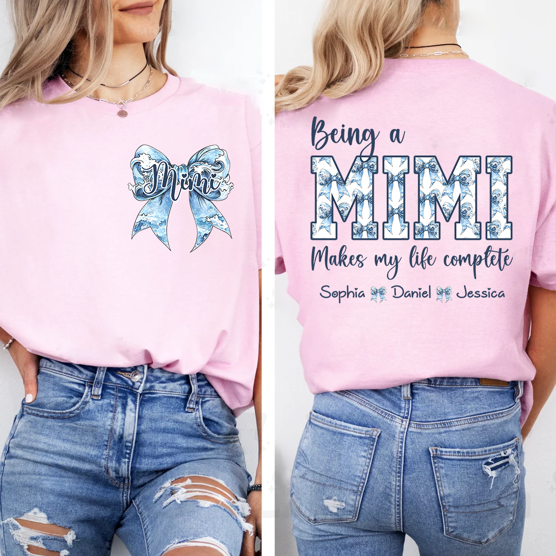 Custom Mimi T Shirt with Grandchildren Names, Blue Bow Coquette Back Design Tee, Personalized Grandma Apparel for Women