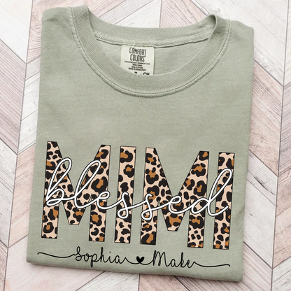 Comfort Colors® -Blessed Mimi Leopard Print T-Shirt – Personalized Grandma Tee with Grandkids' Names – Custom Gift for Mimi