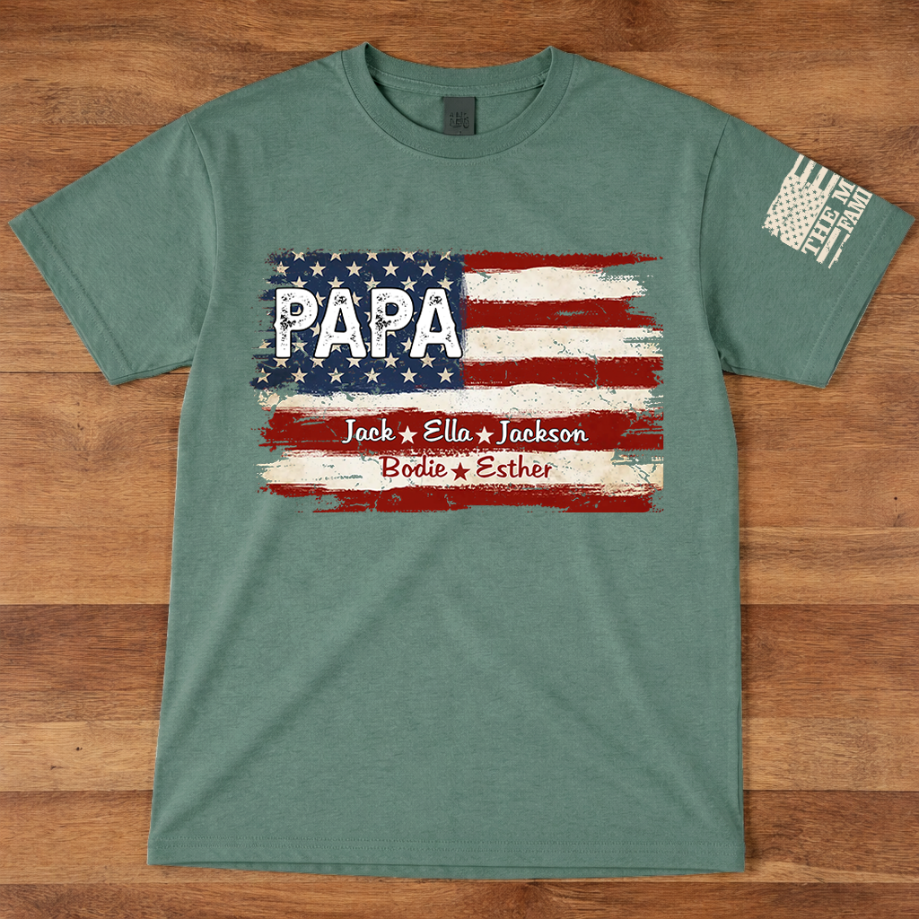 Personalized Papa American Flag Shirt, Custom Dad T-Shirt with Kids Names, Patriotic Family Gift