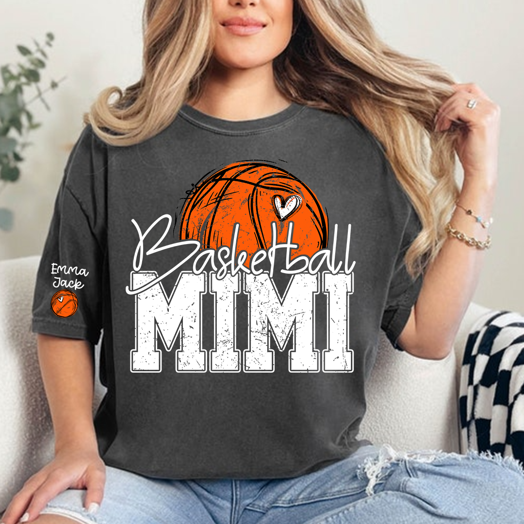 Custom Basketball Mimi Shirt with Heart and Ball Graphic, Personalized Family Names