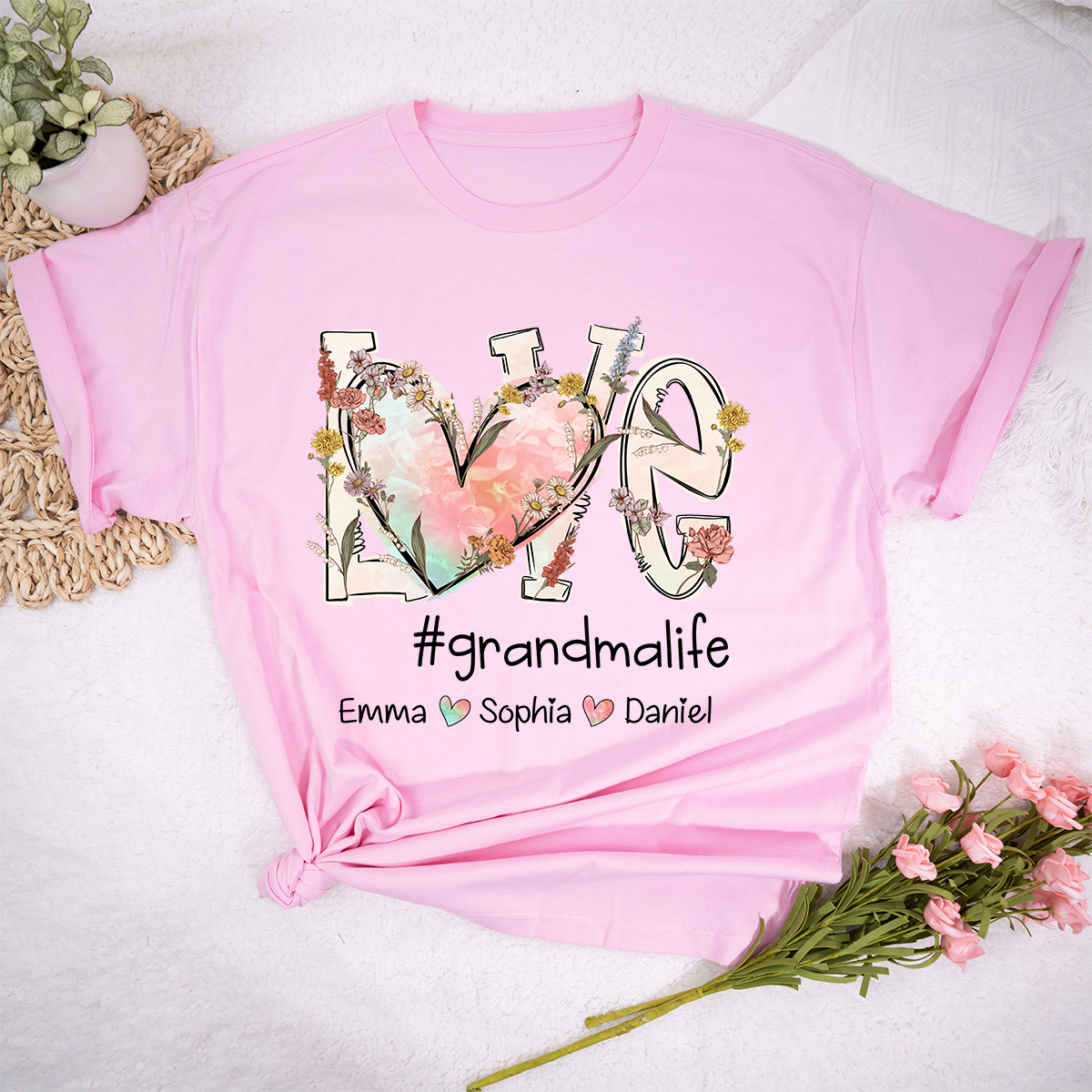 Custom Love Grandma Life Flower Mother's Day T-Shirt