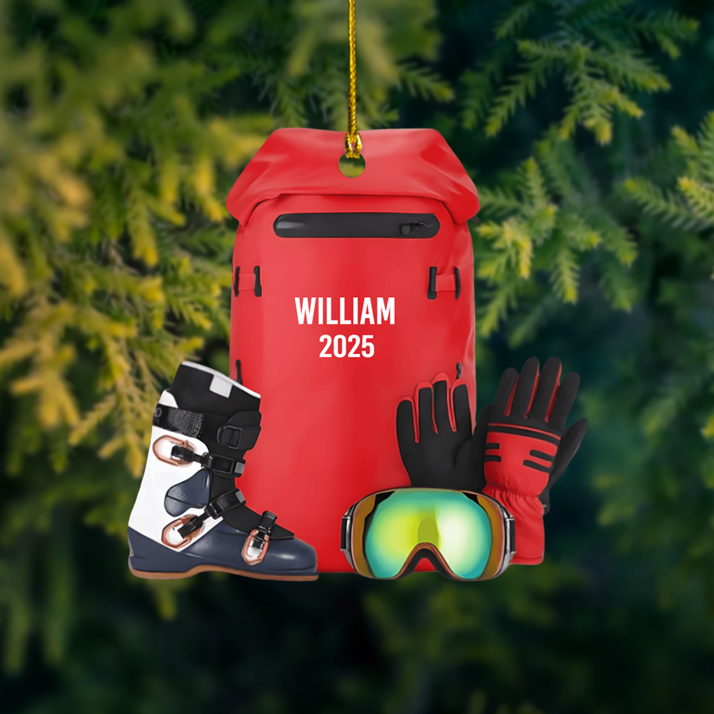 Personalized Ski Gear Ornament 2025 – Custom Name Ski Backpack Christmas Ornament, Gift for Skiers & Snowboard Lovers Ornament