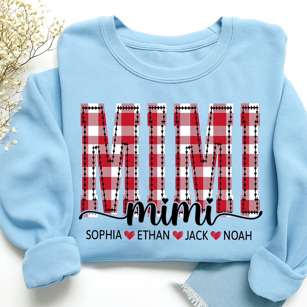 Custom Mimi Sweatshirt, Plaid Christmas Grandma Shirt with Kids Names