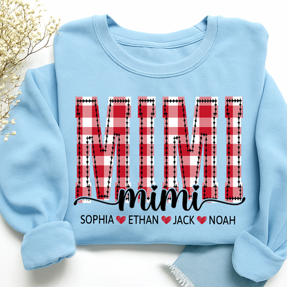 Custom Mimi Sweatshirt, Plaid Christmas Grandma Shirt with Kids Names
