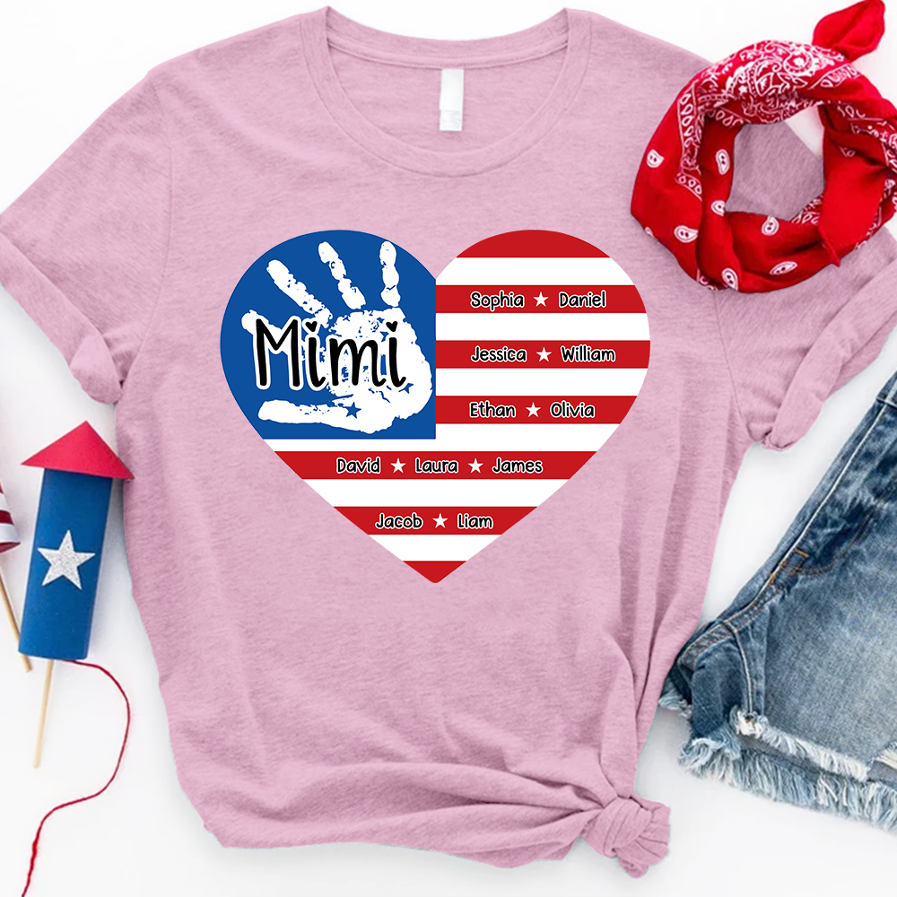 Mimi Custom T Shirt with Family Names, American Flag Heart and Handprint Design, Ideal Gift for Mimi