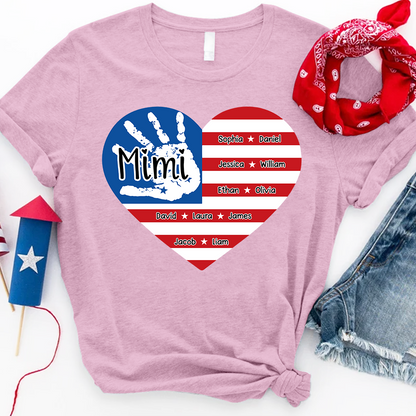 Mimi Custom T Shirt with Family Names, American Flag Heart and Handprint Design, Ideal Gift for Mimi