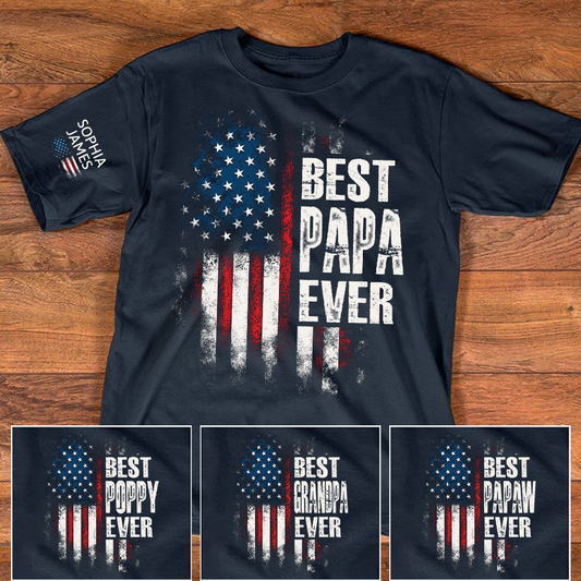 Best Papa Ever Shirt, Personalized Name Papa Tee, American Flag Design, Gift for Dad Grandpa from Kids, Custom Family Shirt