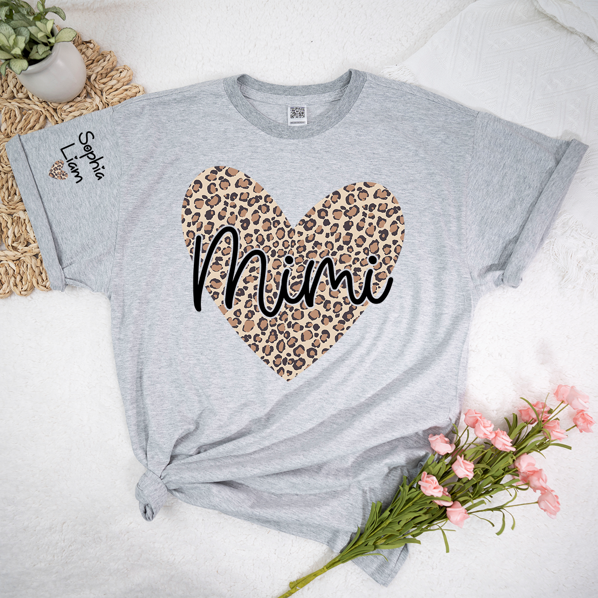 Mimi Leopard Heart Shirt for Women, Cute Mimi Grandma T-Shirt with Animal Print Heart Design