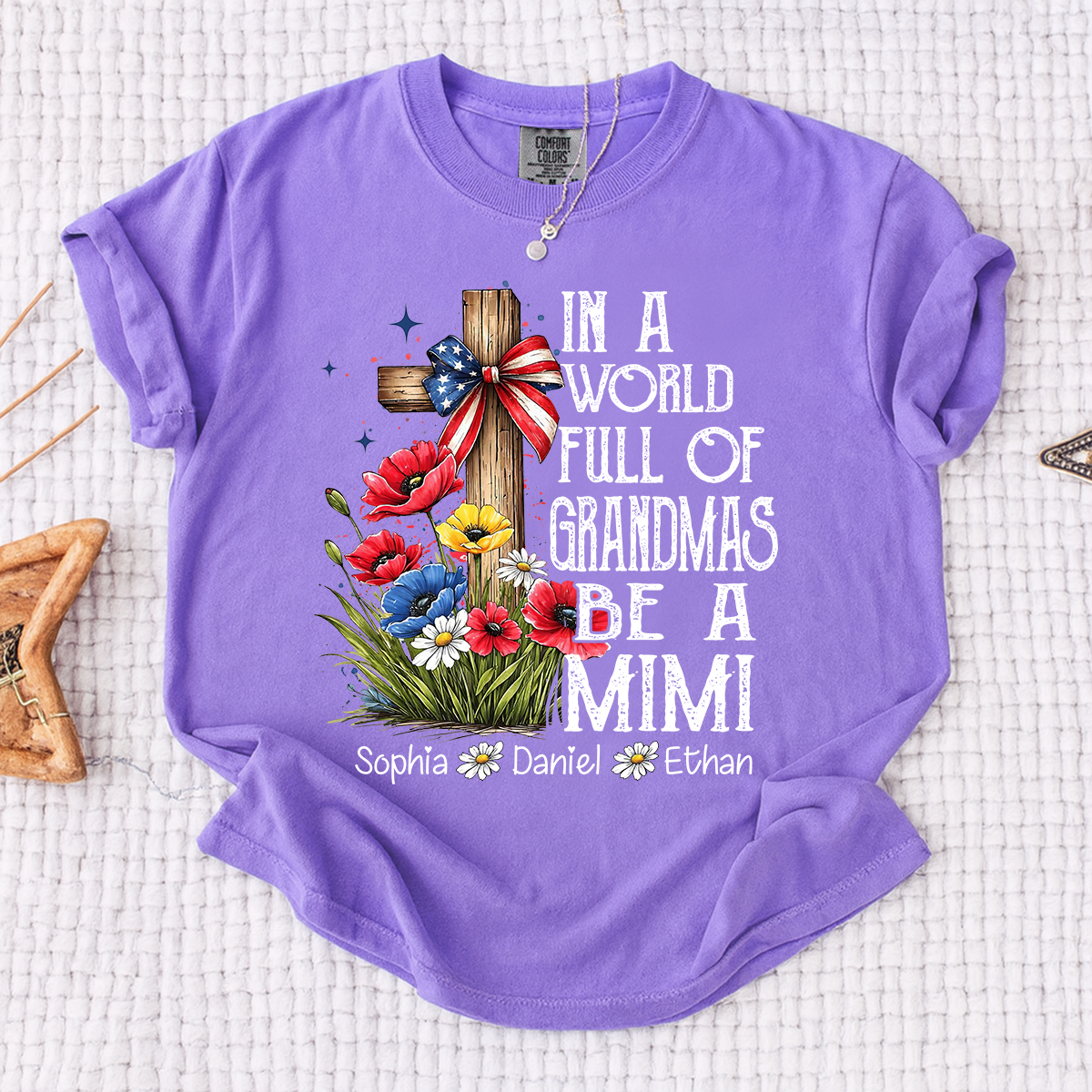 In a World Full of Grandmas Be a Mimi T-Shirt, Personalized Mimi T-Shirt with Cross and Floral Design