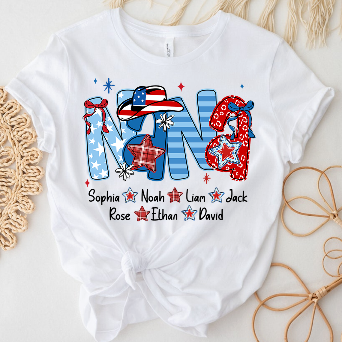 Custom Nana 4th July Independence Day American Flag T-Shirt For Grandma, Personalized Gift For Grandma And Kids